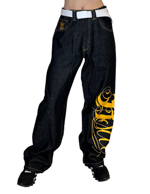 BSAT Art Script Logo Baggy Jeans BlackNYellow