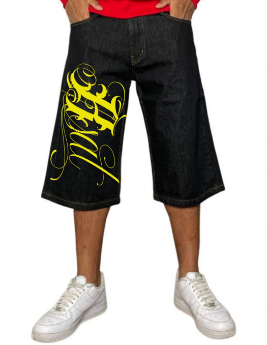 BSAT Script Logo Baggy Jorts Denim Shorts BlackNYellow