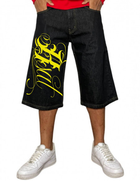 BSAT Script Logo Baggy Jorts Denim Shorts BlackNYellow