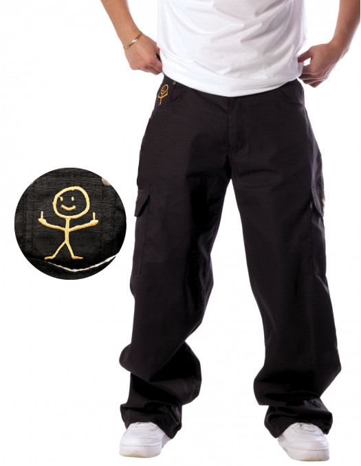 BSAT Stickman Cargo Pants Black Gold The Finger Baggy Fit